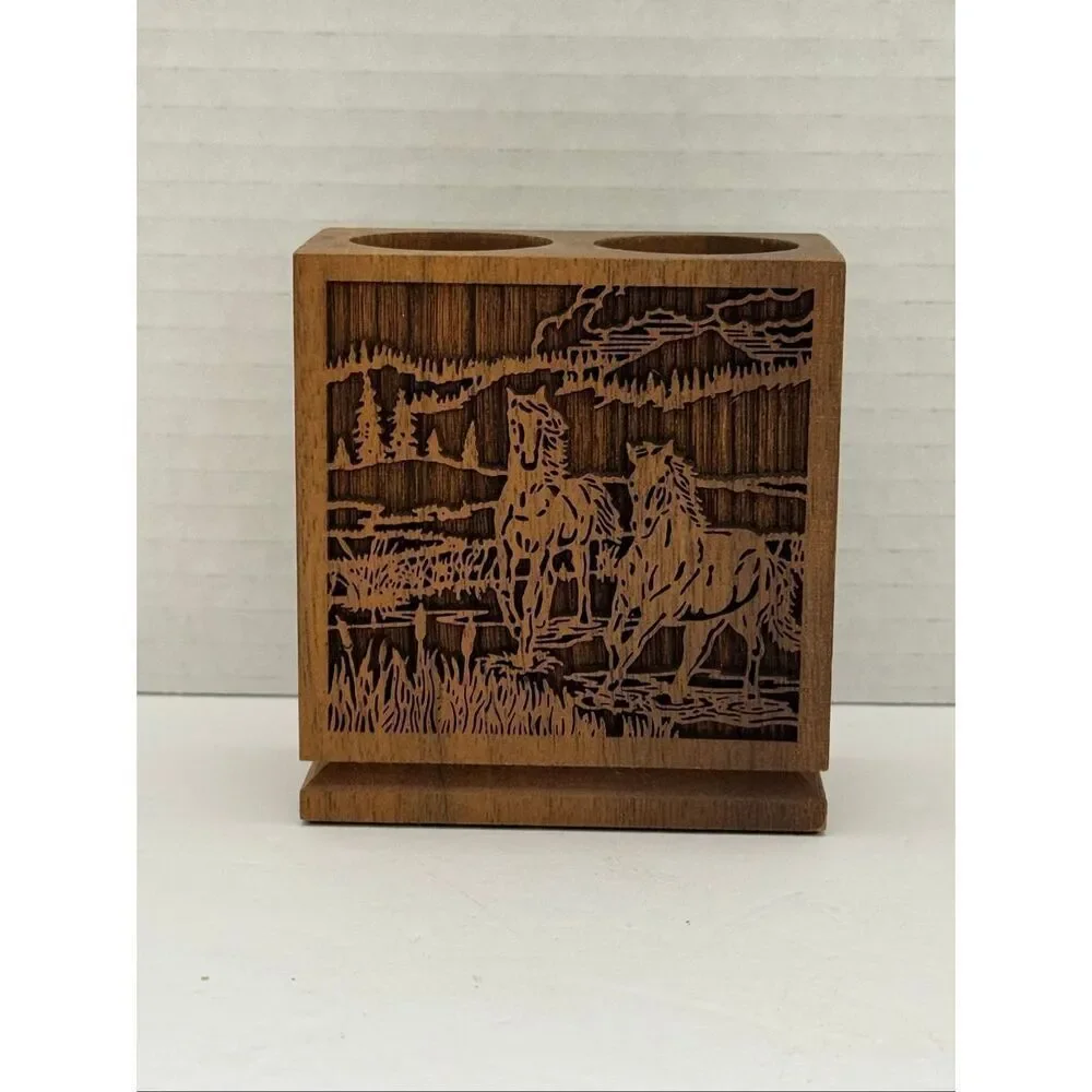 Lasercraft Solid American Oak Laser Engraved Wood Horse Pencil Pen Holder